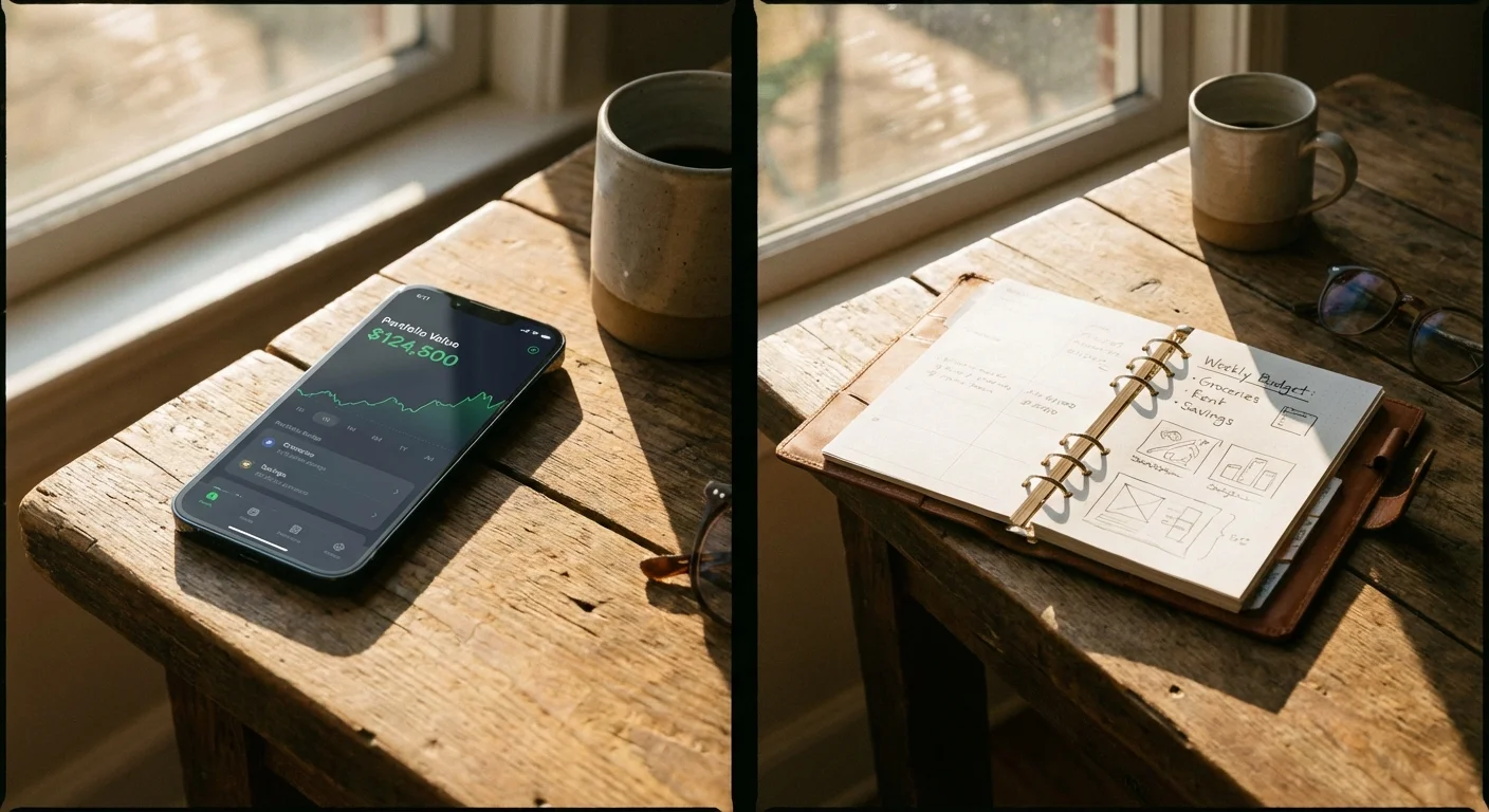 A confident person looking out a window while holding a phone.