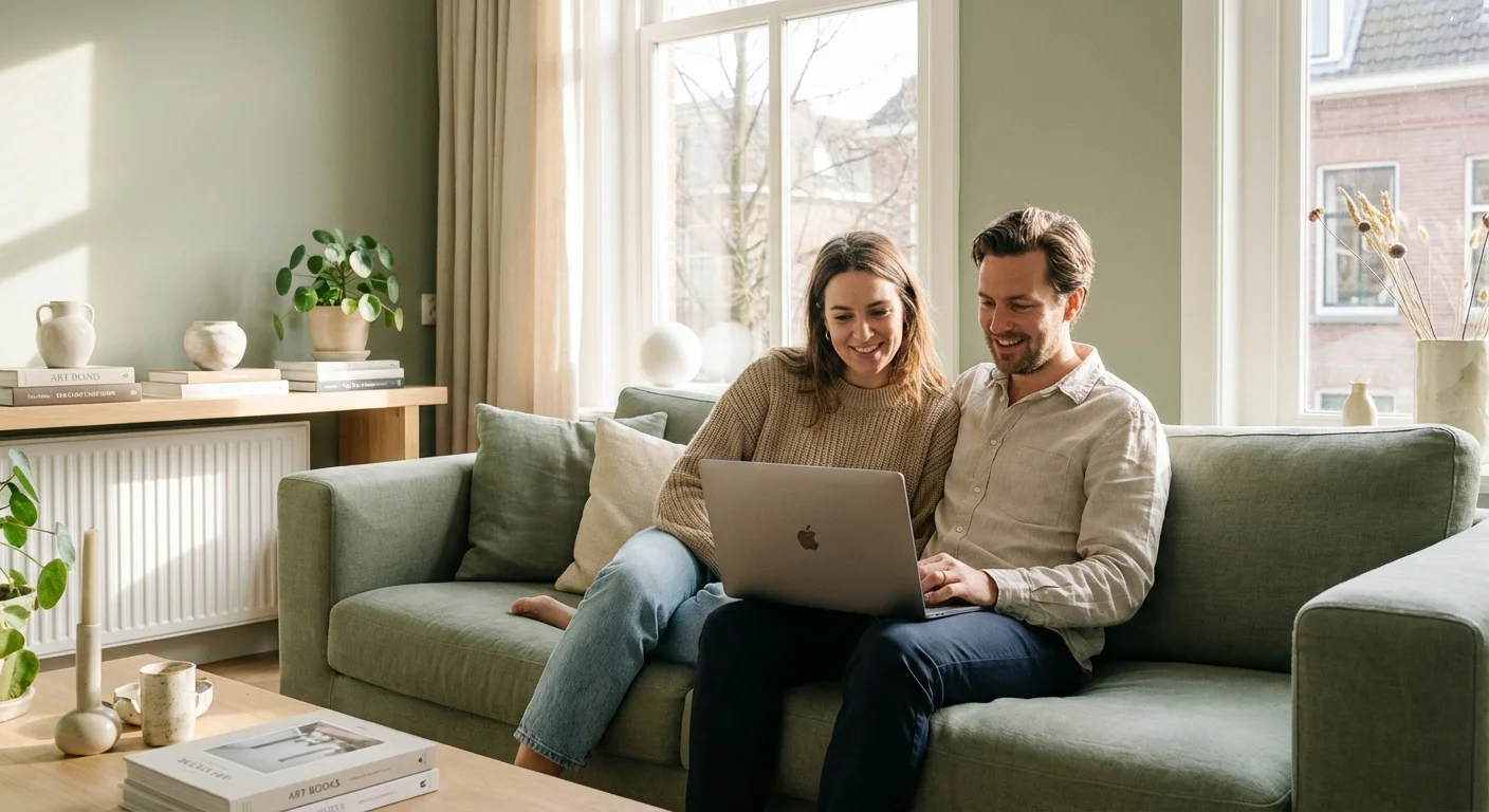A couple at a kitchen table looking at papers with a sense of relief and stability.
