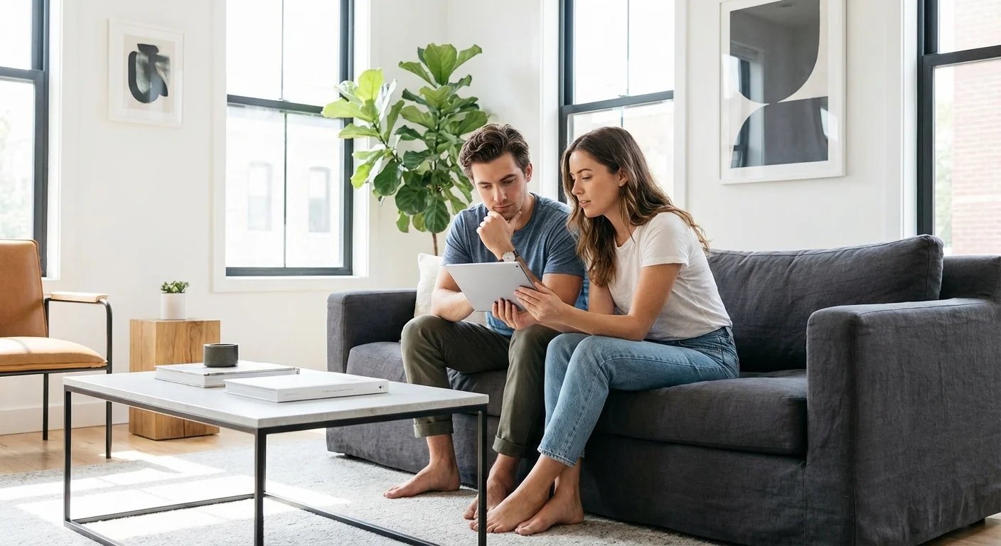 A couple comparing financial options on a tablet in a well-lit, modern living room.
