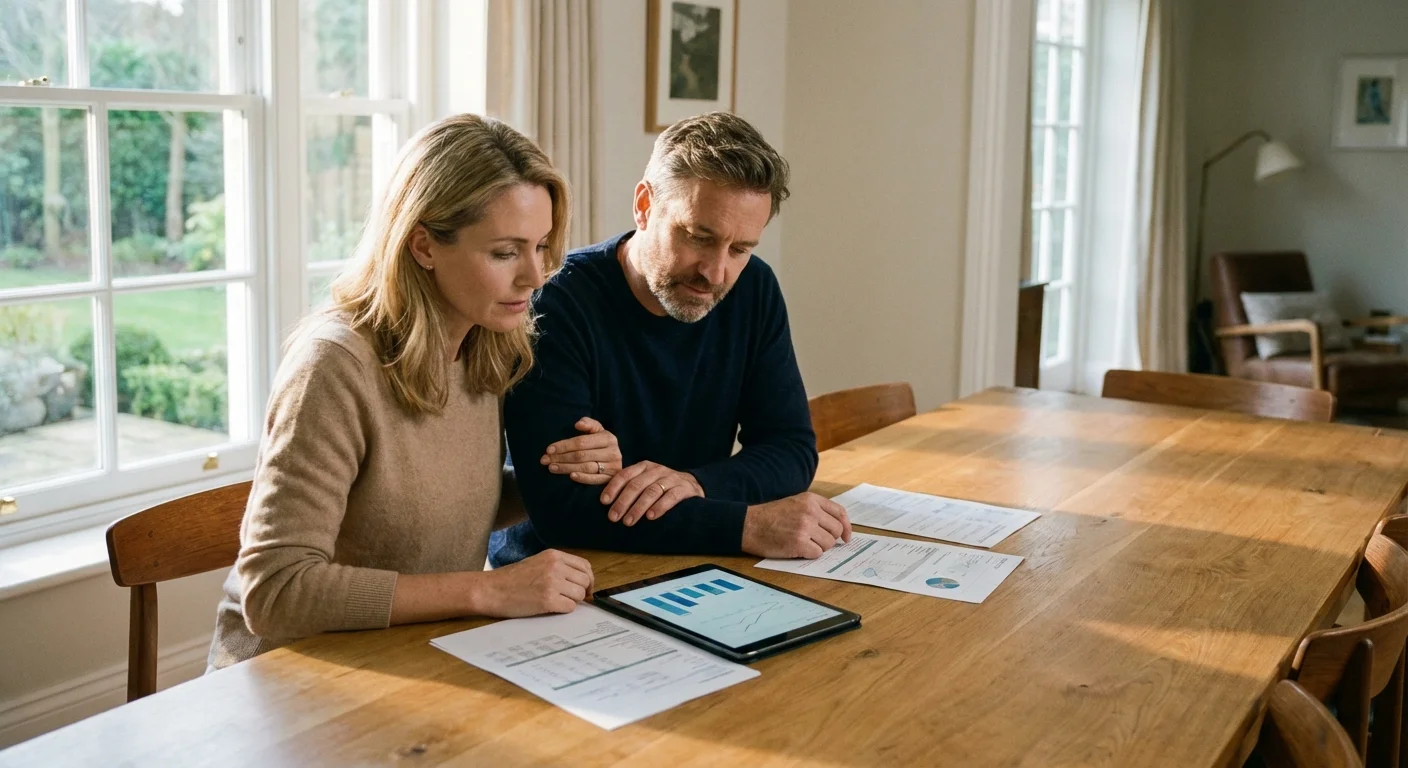 A couple reviews health insurance documents together at a dining table in a bright room.