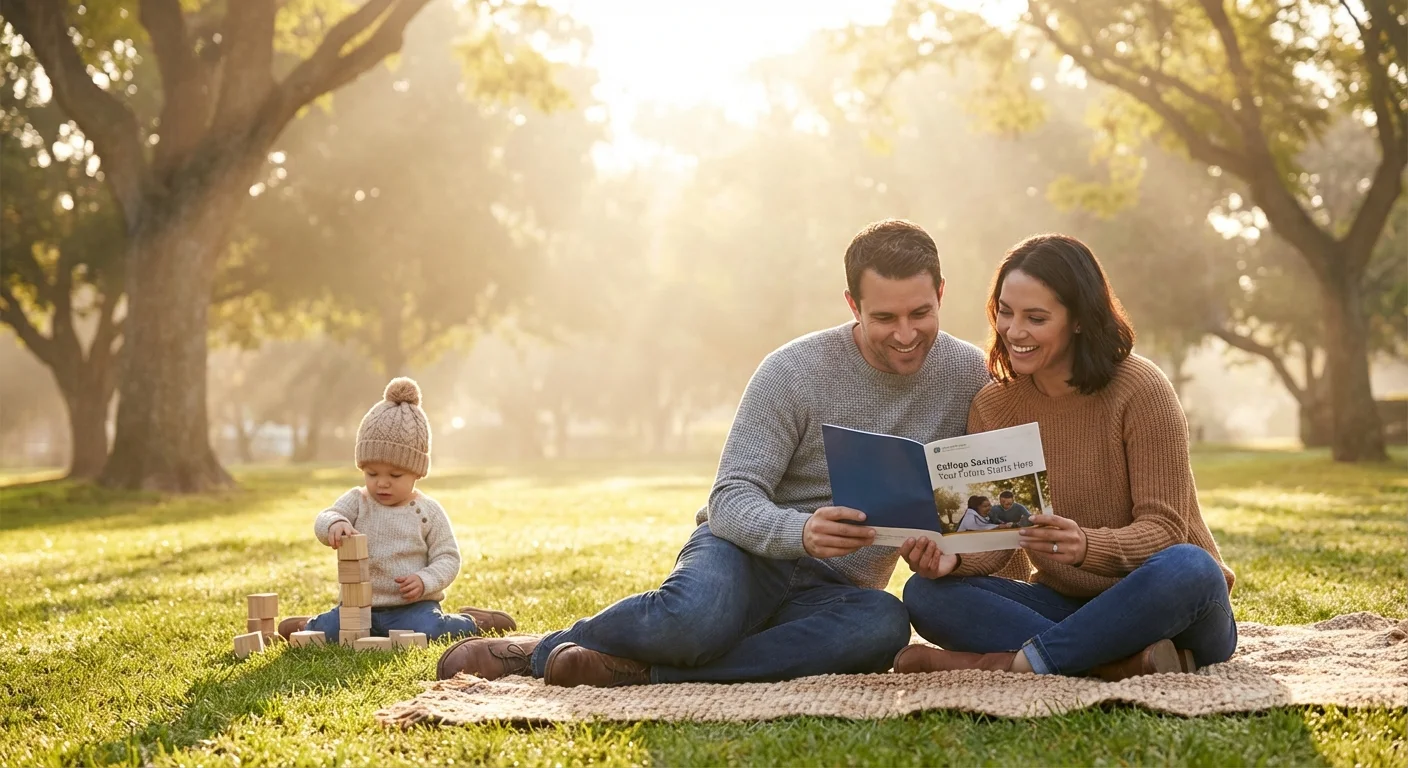 A couple sits on a park blanket looking at a college savings brochure while a child plays nearby.