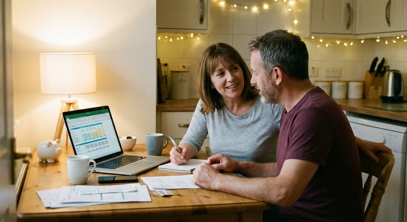 A couple sitting together and reviewing their financial plan.