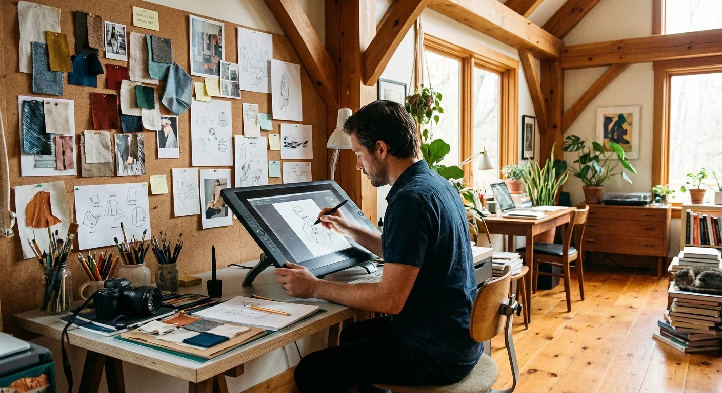 A creative professional using a digital tablet alongside physical tools.
