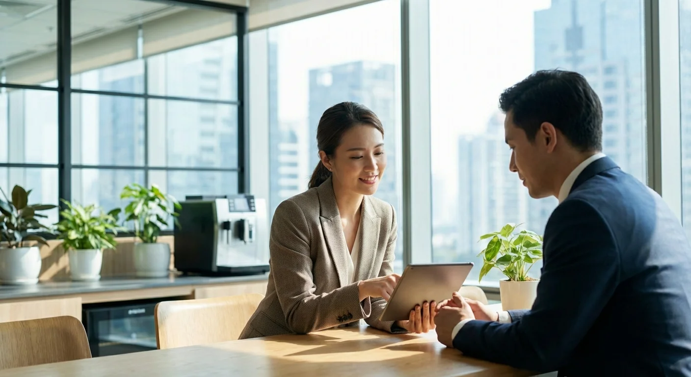 A financial advisor meeting with a client in a modern office.