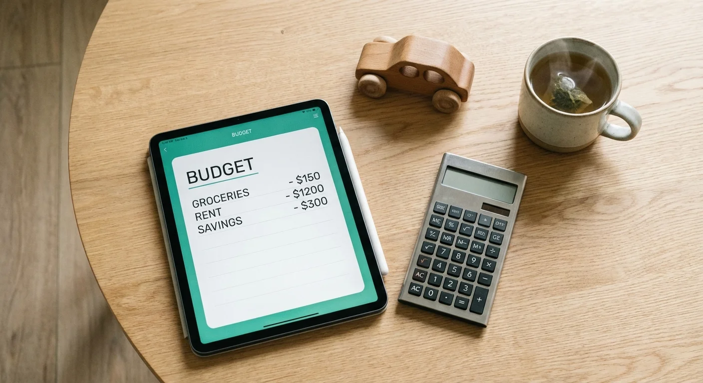 A flat lay featuring a calculator, a budget on a tablet, and a wooden toy car on a light wood surface.