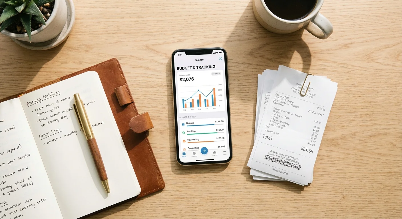 A flat lay of a smartphone, notebook, and receipts on a wooden desk.