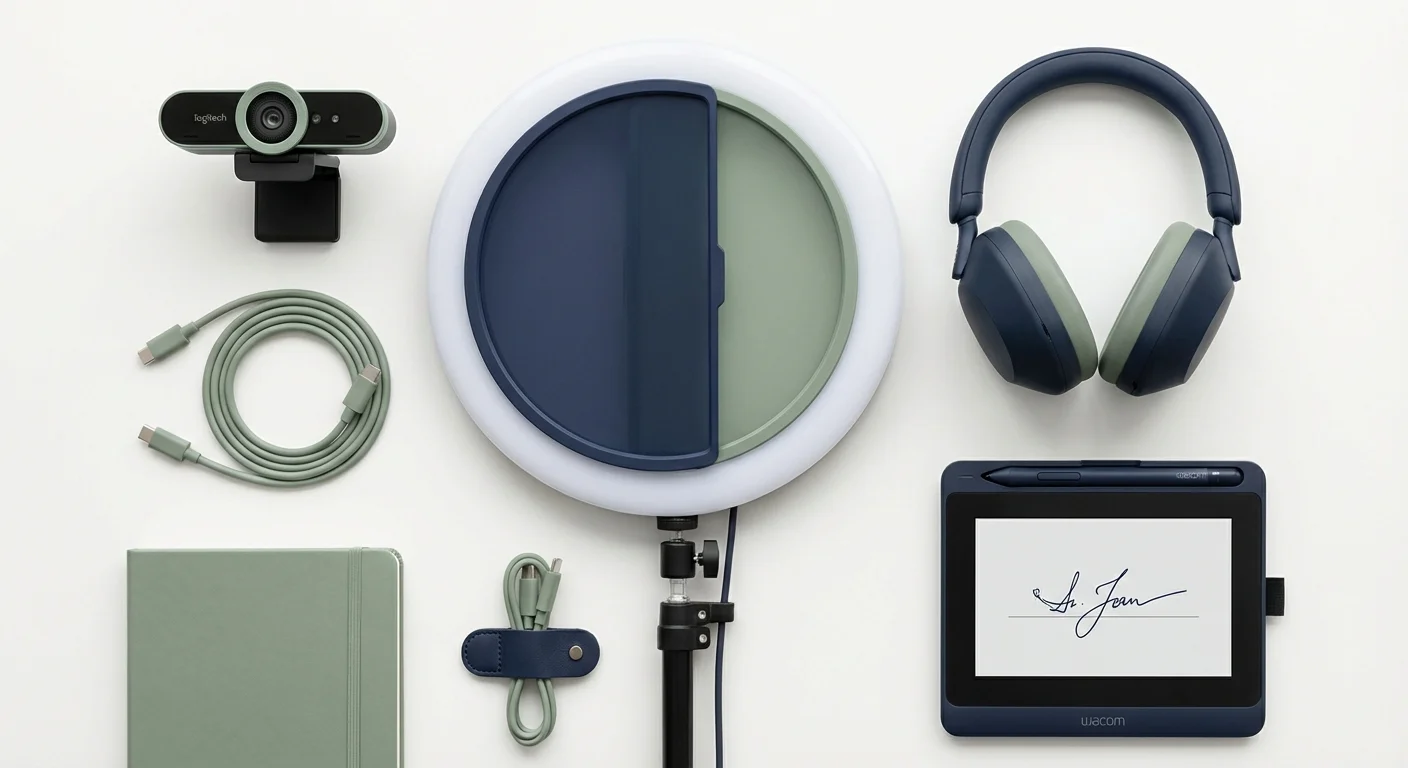 A flat lay of professional equipment including a webcam, headphones, and ring light.