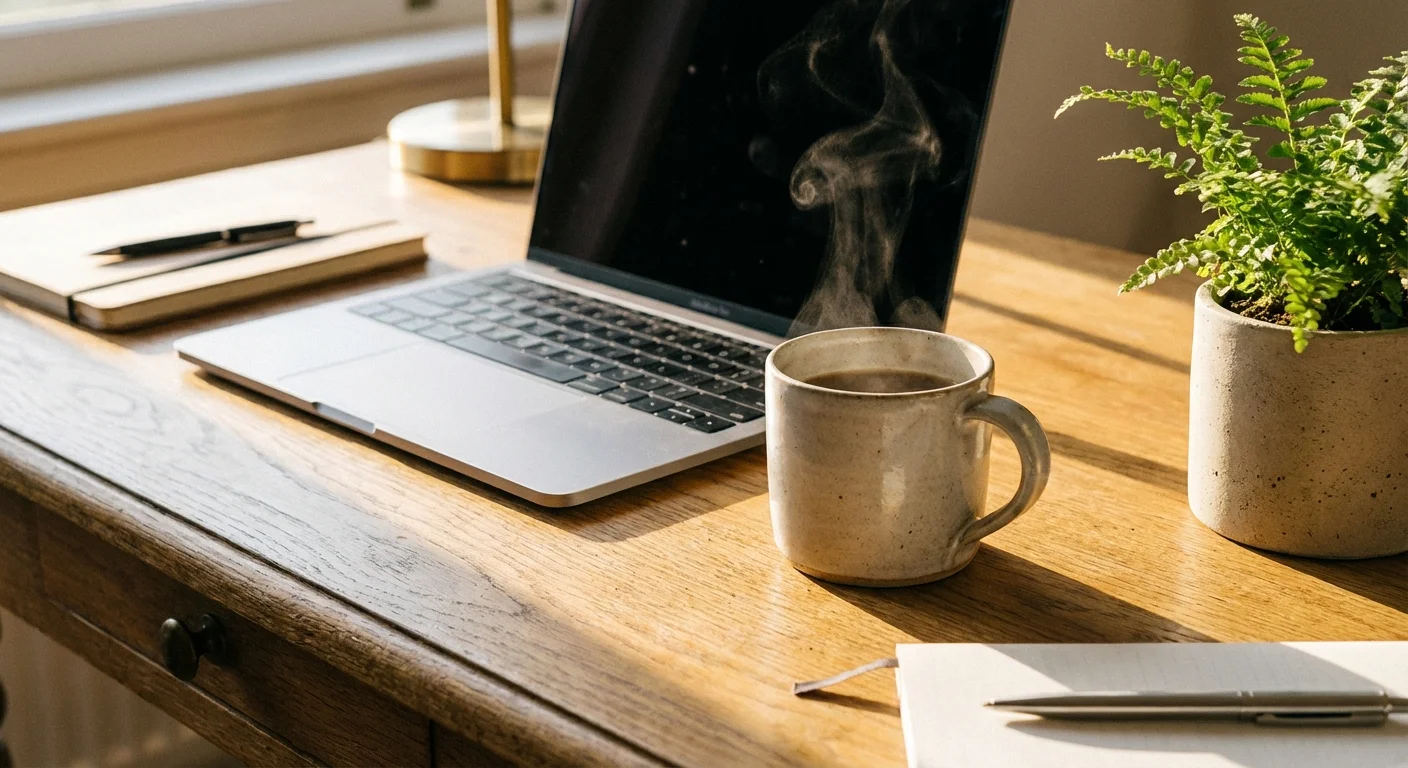 A flat lay of sustainable lifestyle items including a glass cup, a wallet, and a sewing kit on a wooden table.