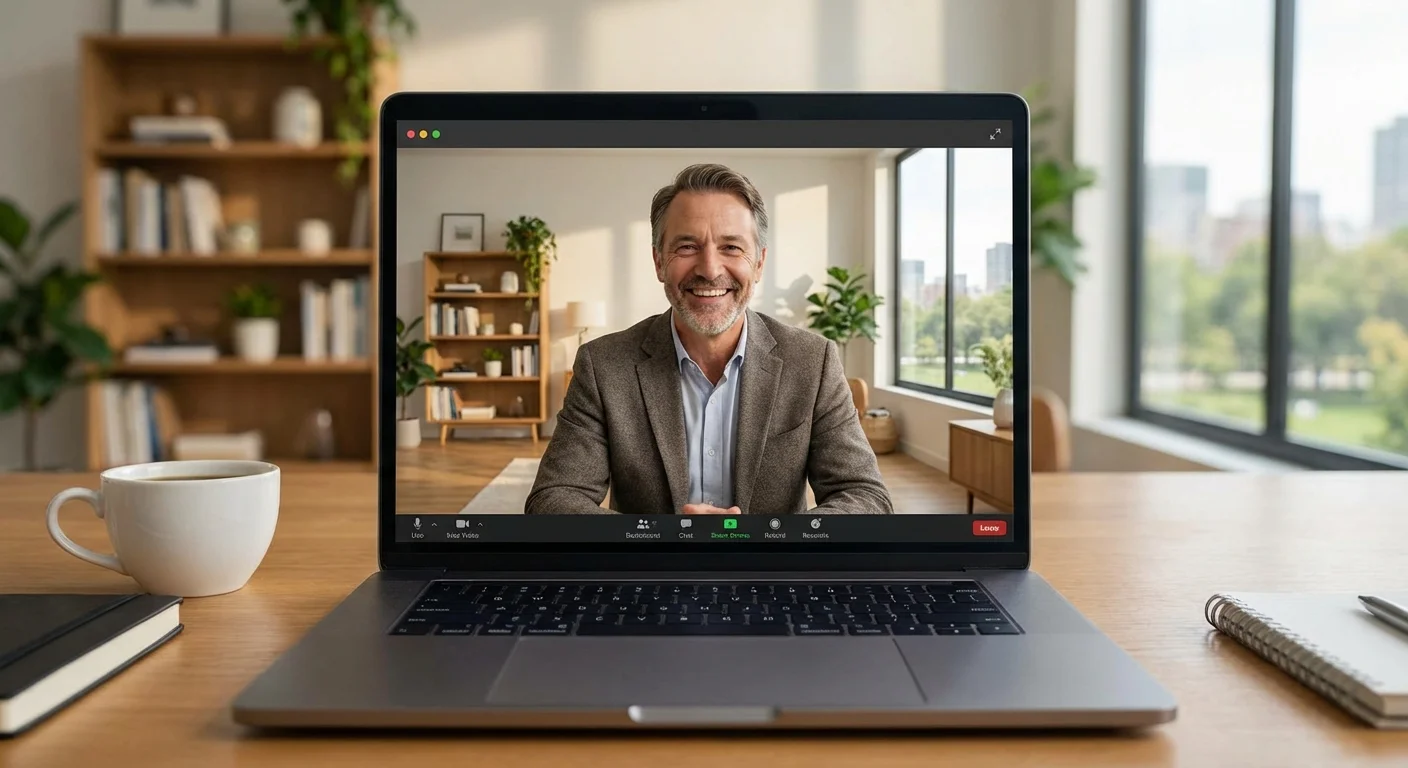A friendly financial advisor seen through a laptop screen during a video consultation.