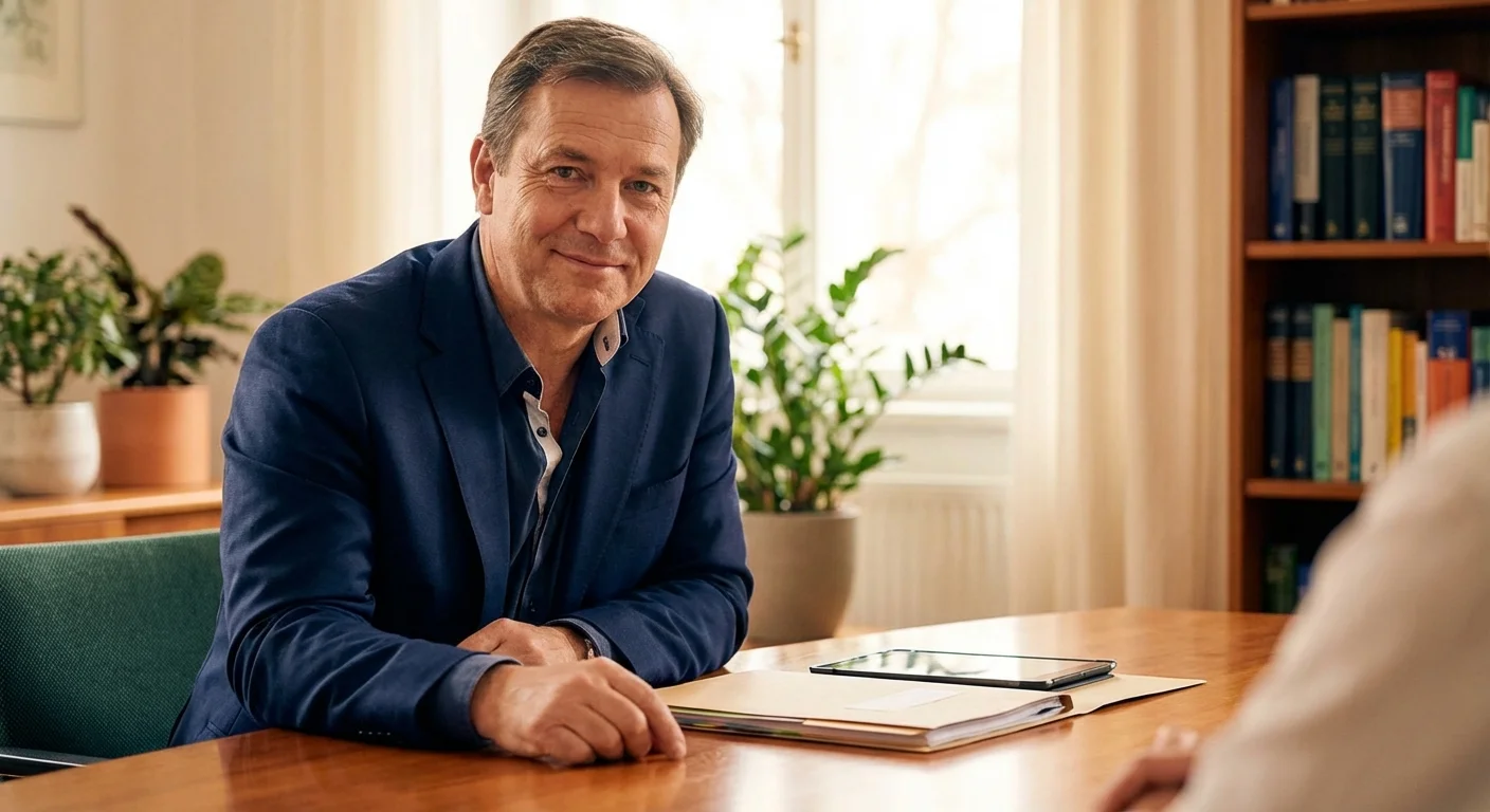 A friendly financial professional smiling in a warm office.