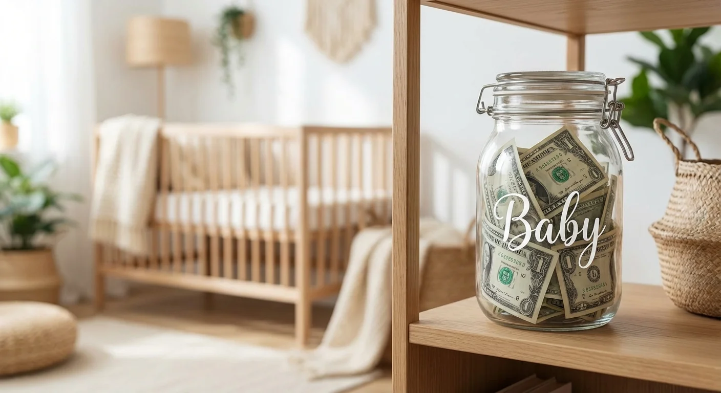 A glass jar labeled 'Baby' filled with money, sitting on a shelf with a blurred nursery in the background.