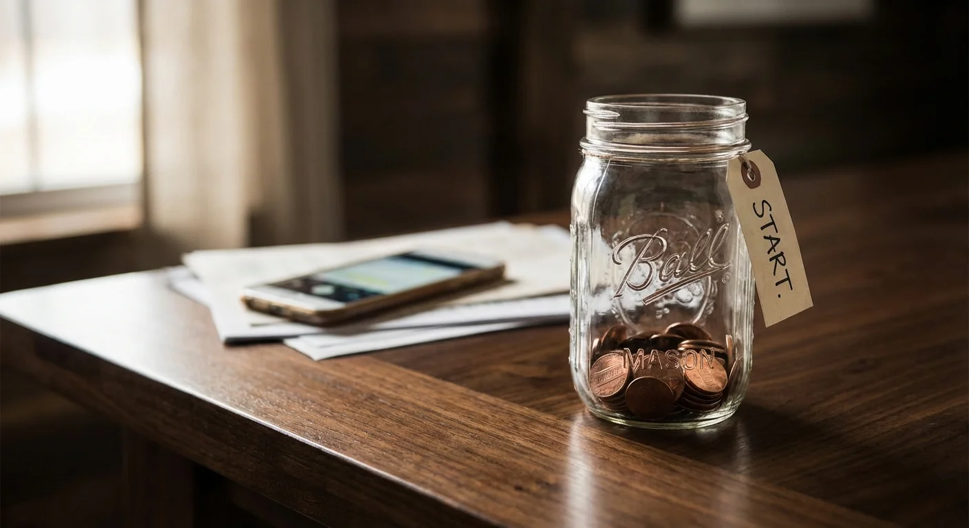 A glass jar with very few coins on a table, symbolizing the limits of micro-saving alone.