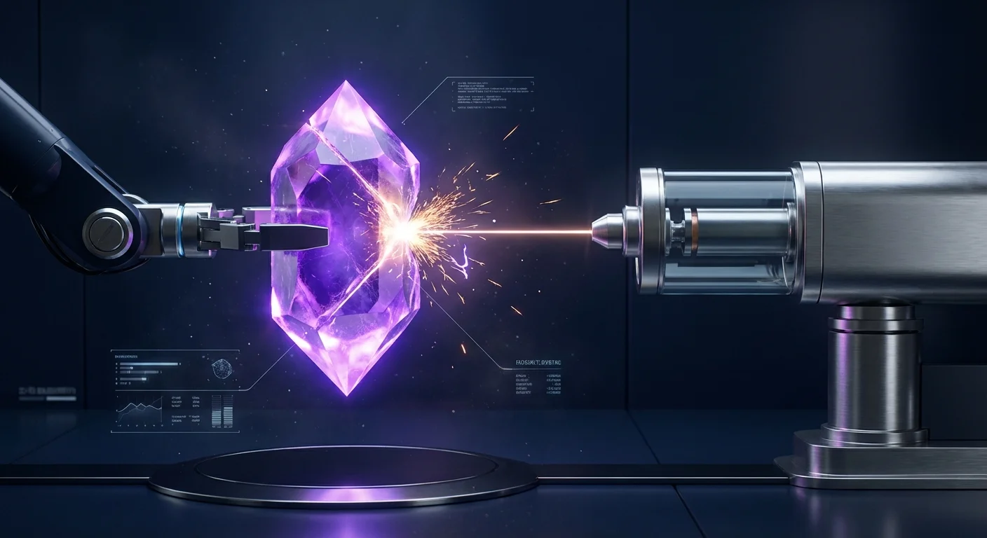 A glowing 3D crystal being refined by a laser, symbolizing precise prompt engineering.