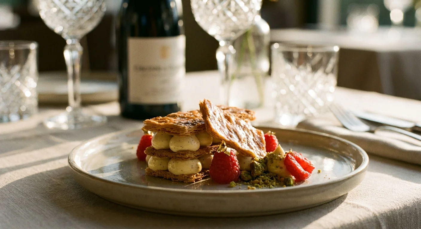 A gourmet dessert plated beautifully in a high-end restaurant setting.