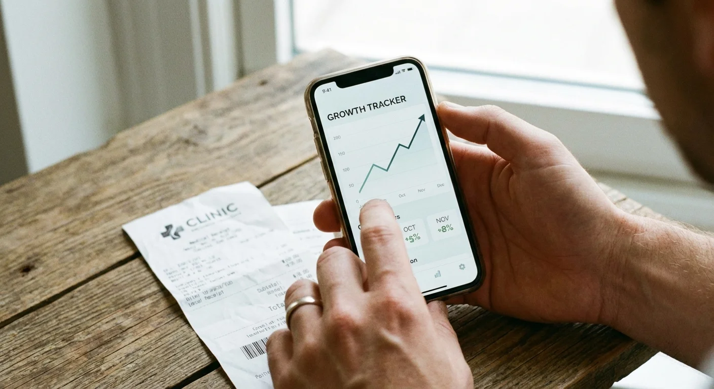 A hand holding a phone with a rising chart, with a blurred receipt in the background.