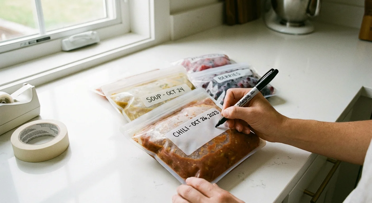 A hand labeling a freezer bag to prevent food waste.