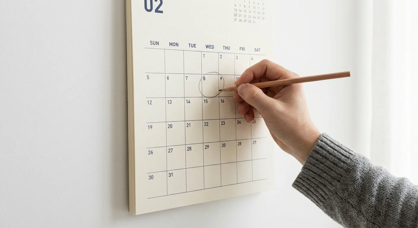 A hand marking a date on a clean, modern wall calendar.