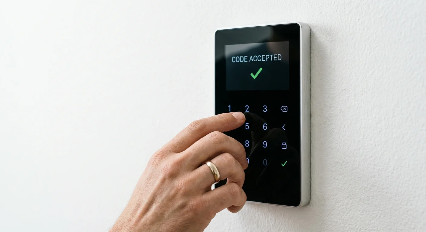 A hand using a smart home security system keypad.