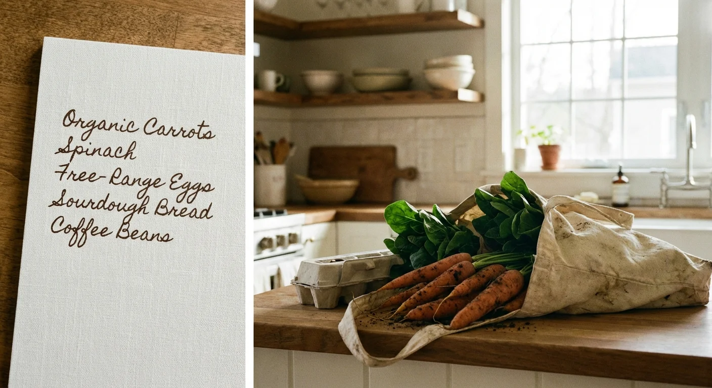A handwritten grocery list next to a reusable bag filled with fresh produce.