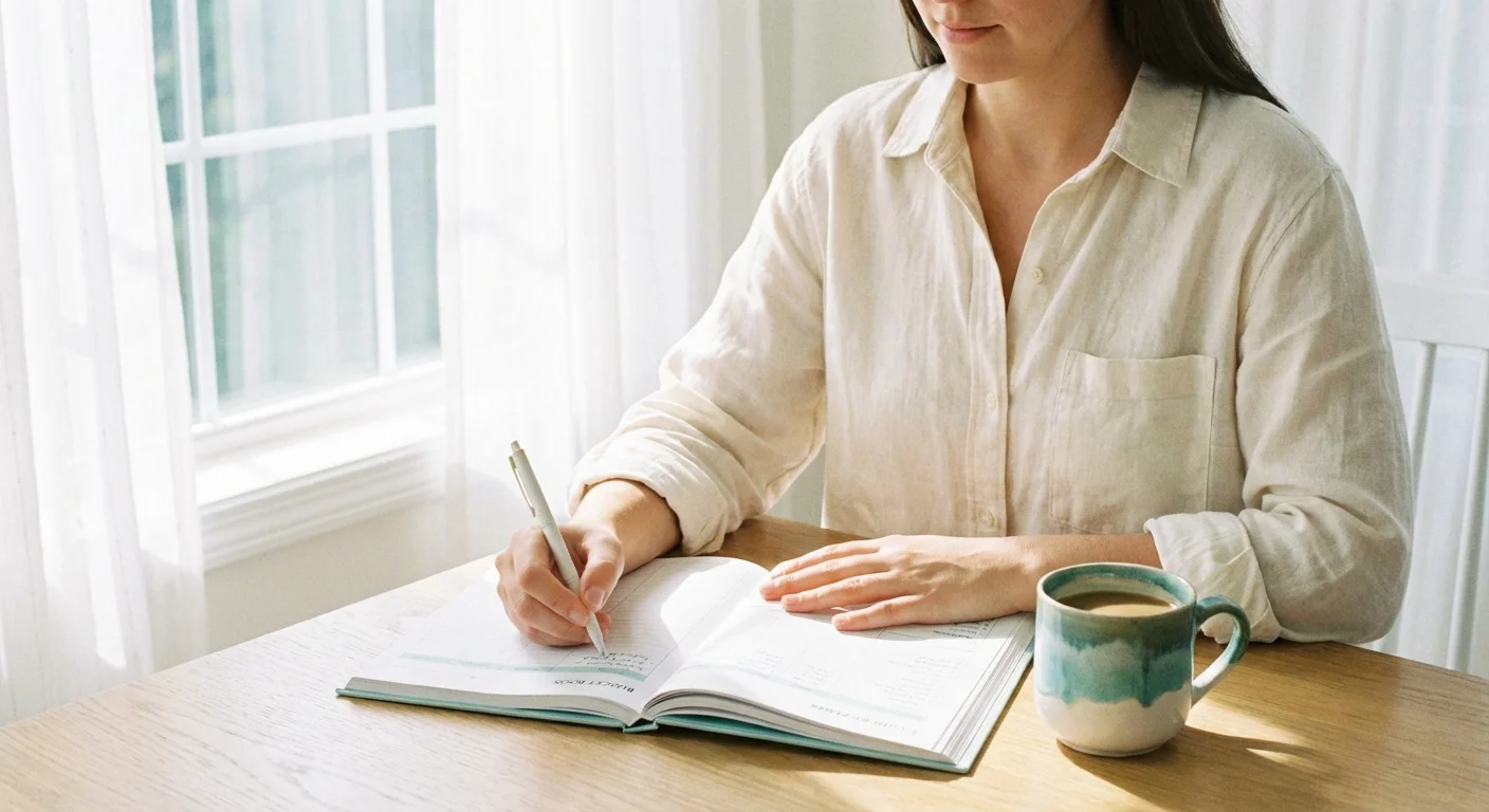 A happy couple looking at a tablet together in a sunny living room.