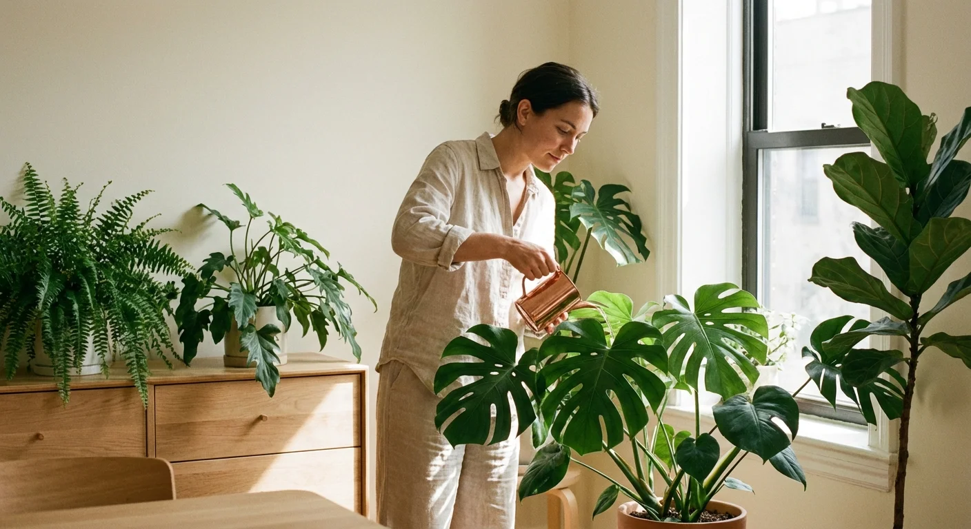 A house sitter watering indoor plants in a bright, modern apartment.