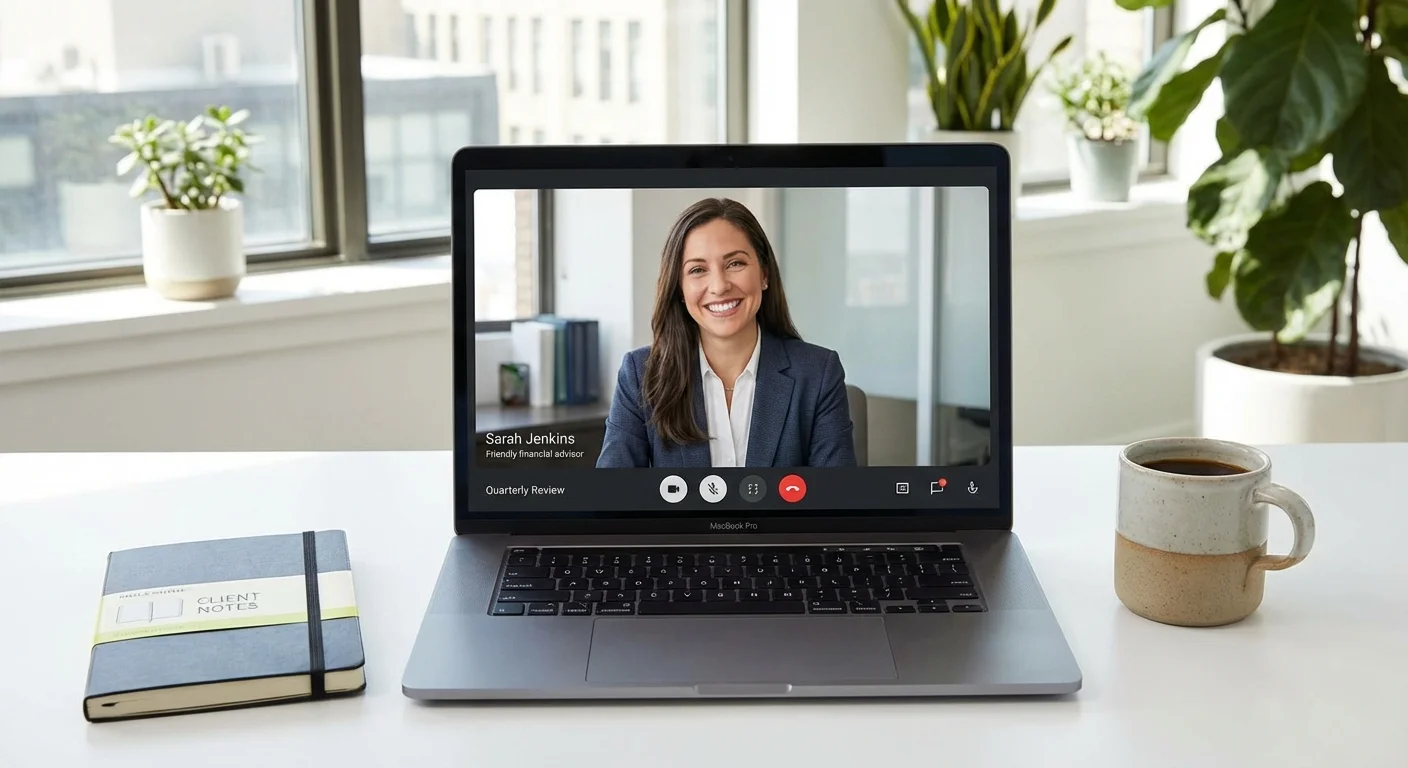 A laptop screen showing a video call with a financial advisor.
