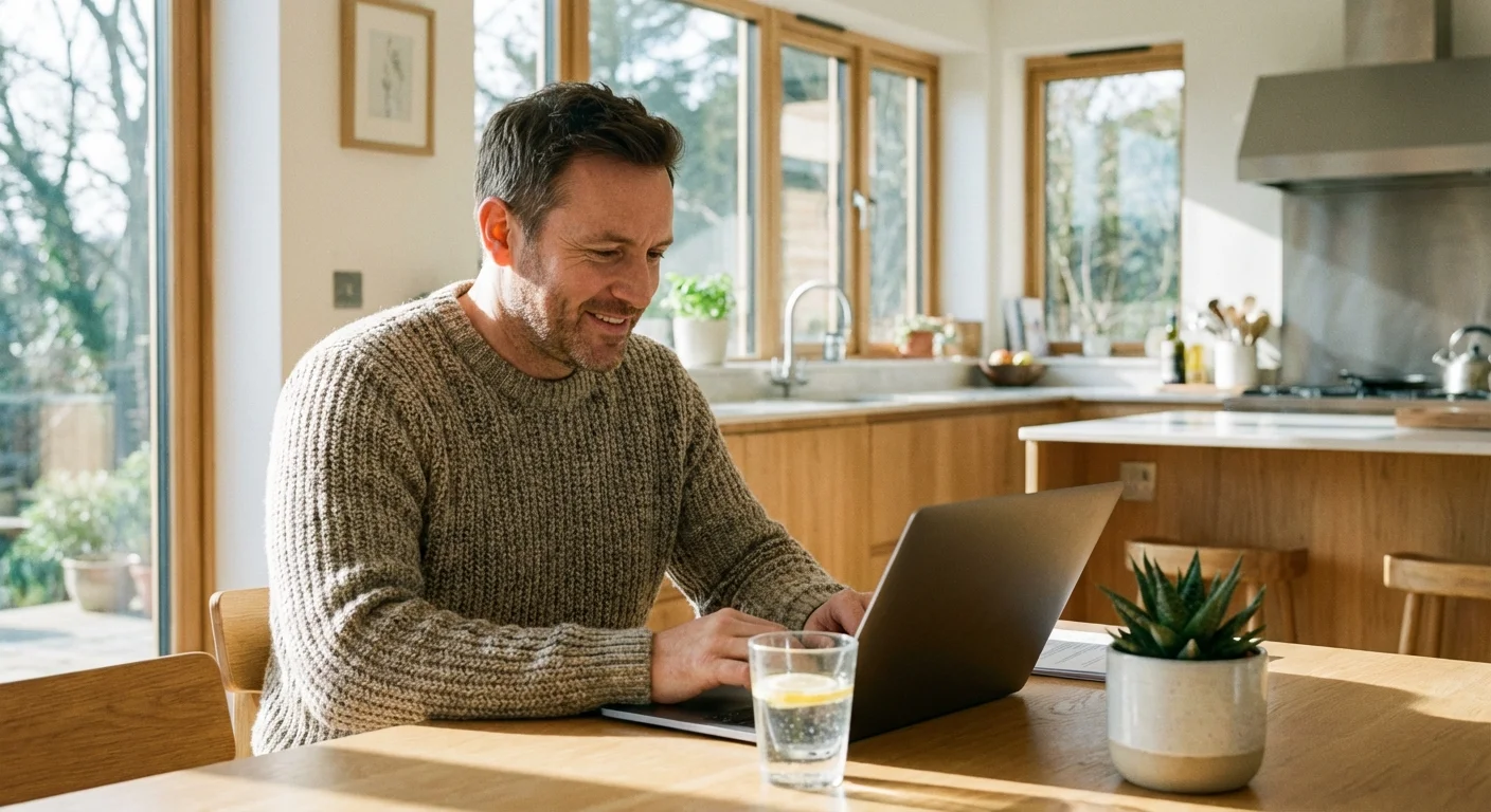 A man checking his eligibility for an HSA on a laptop in a clean, modern kitchen.