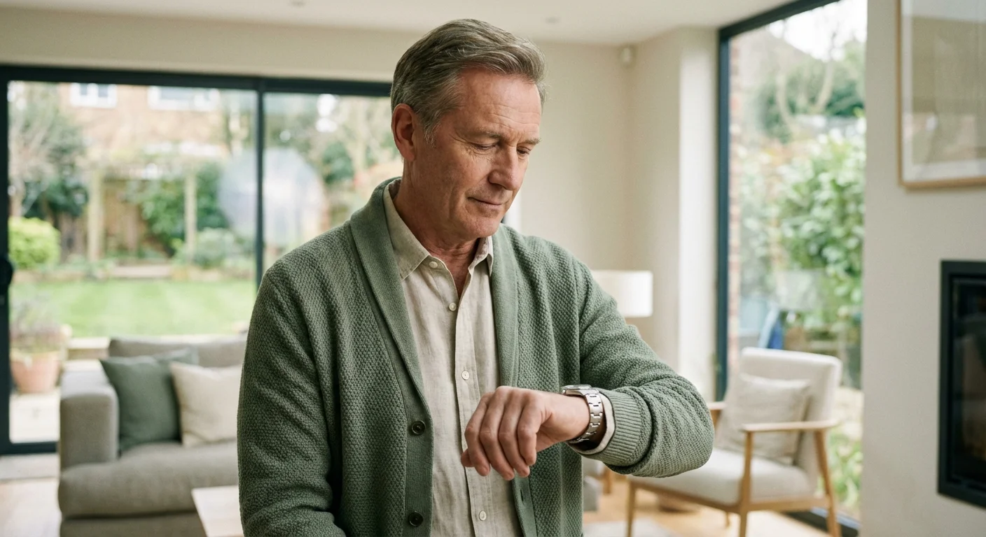 A man in a bright living room checking his watch thoughtfully.