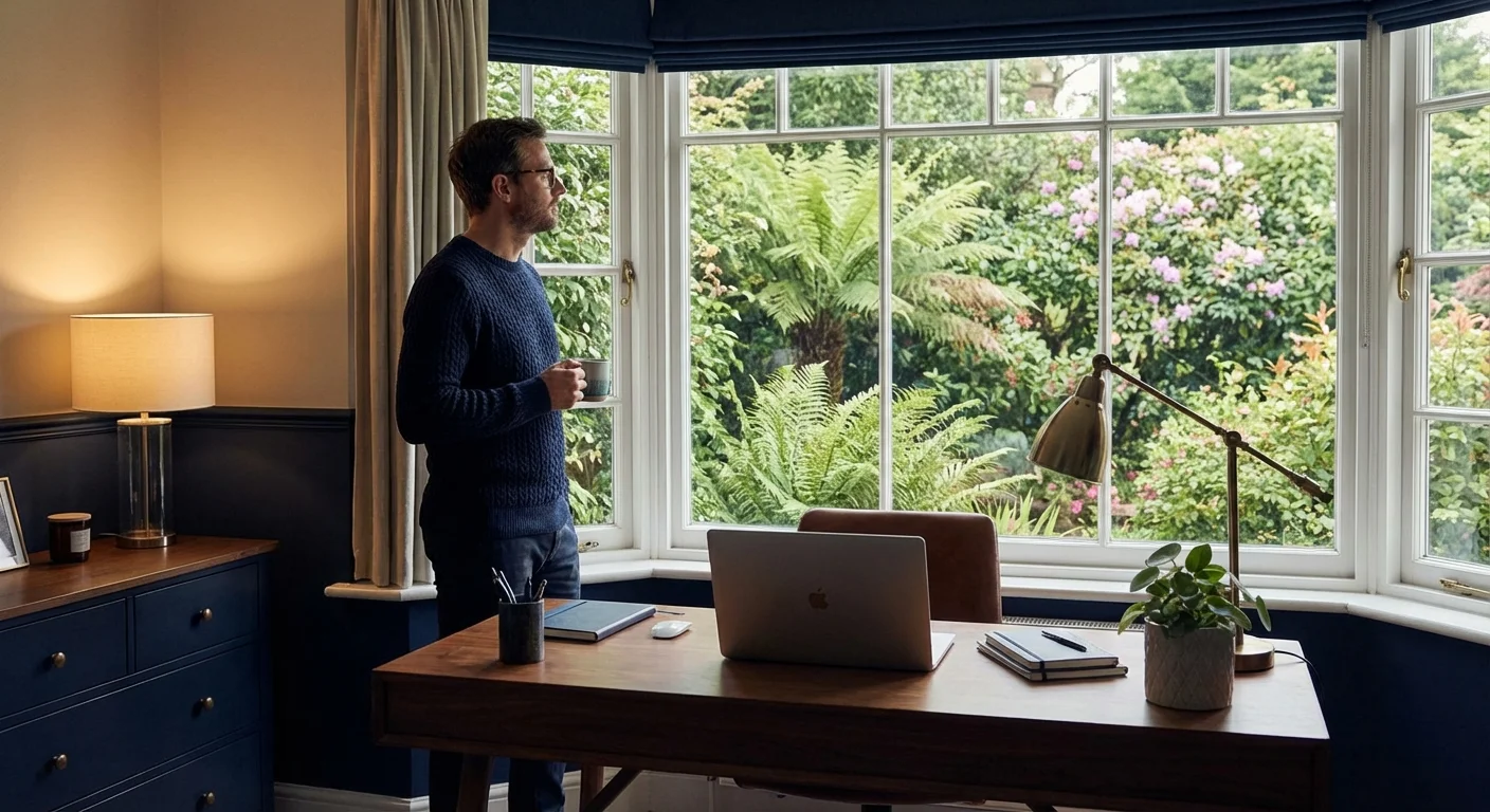 A man looking out a window thoughtfully in a modern home office.