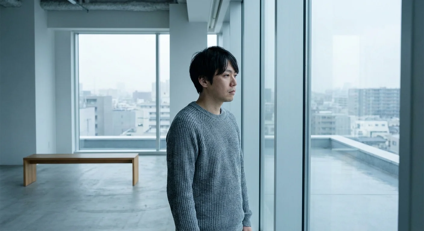 A man looking thoughtfully at a city skyline during sunset.