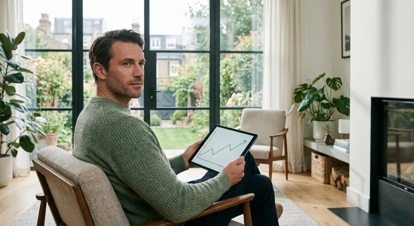 A man reviewing a financial graph on a digital tablet in a bright, modern living room.