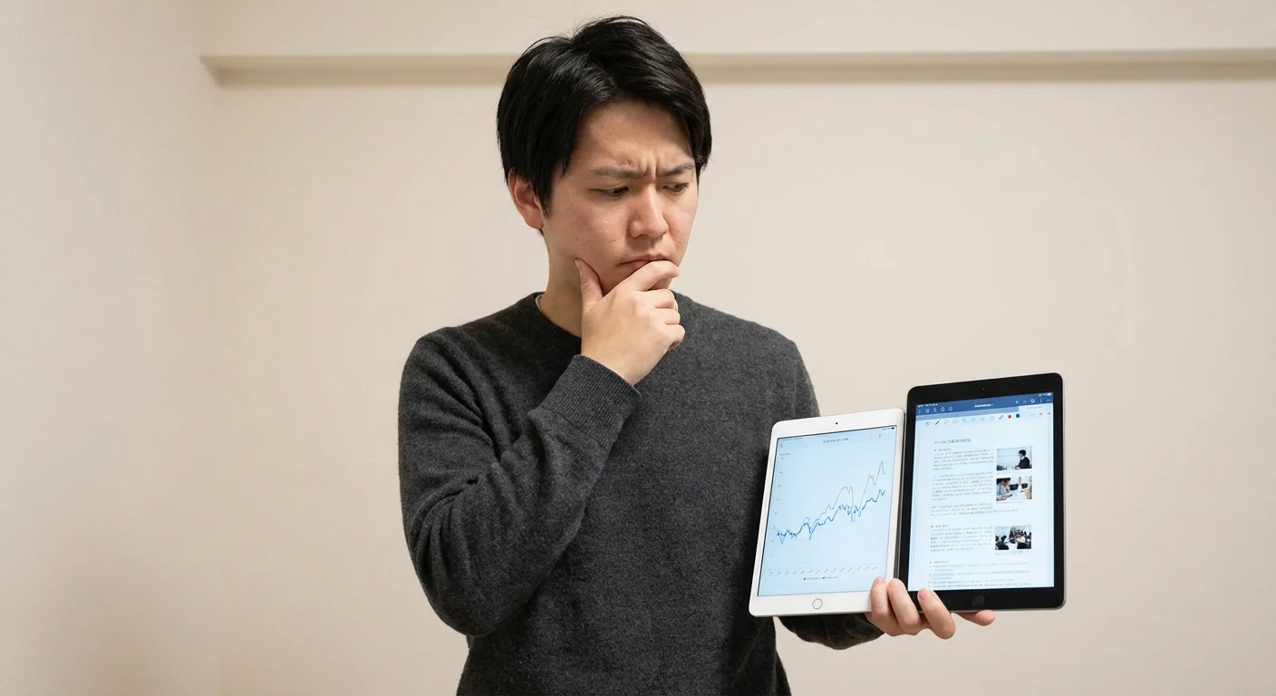 A man reviewing a script on a tablet in a modern home setting.