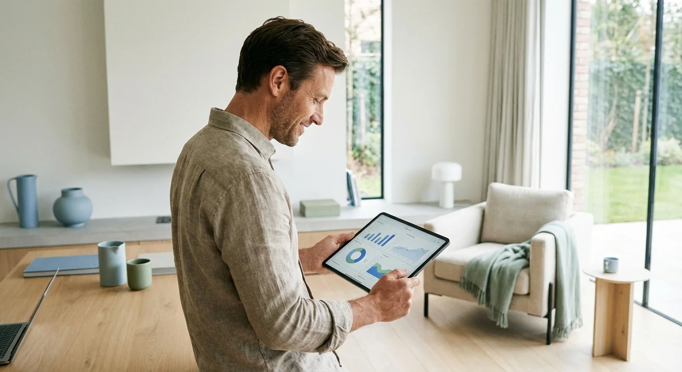 A man reviewing financial data on a tablet in a clean, modern home office.