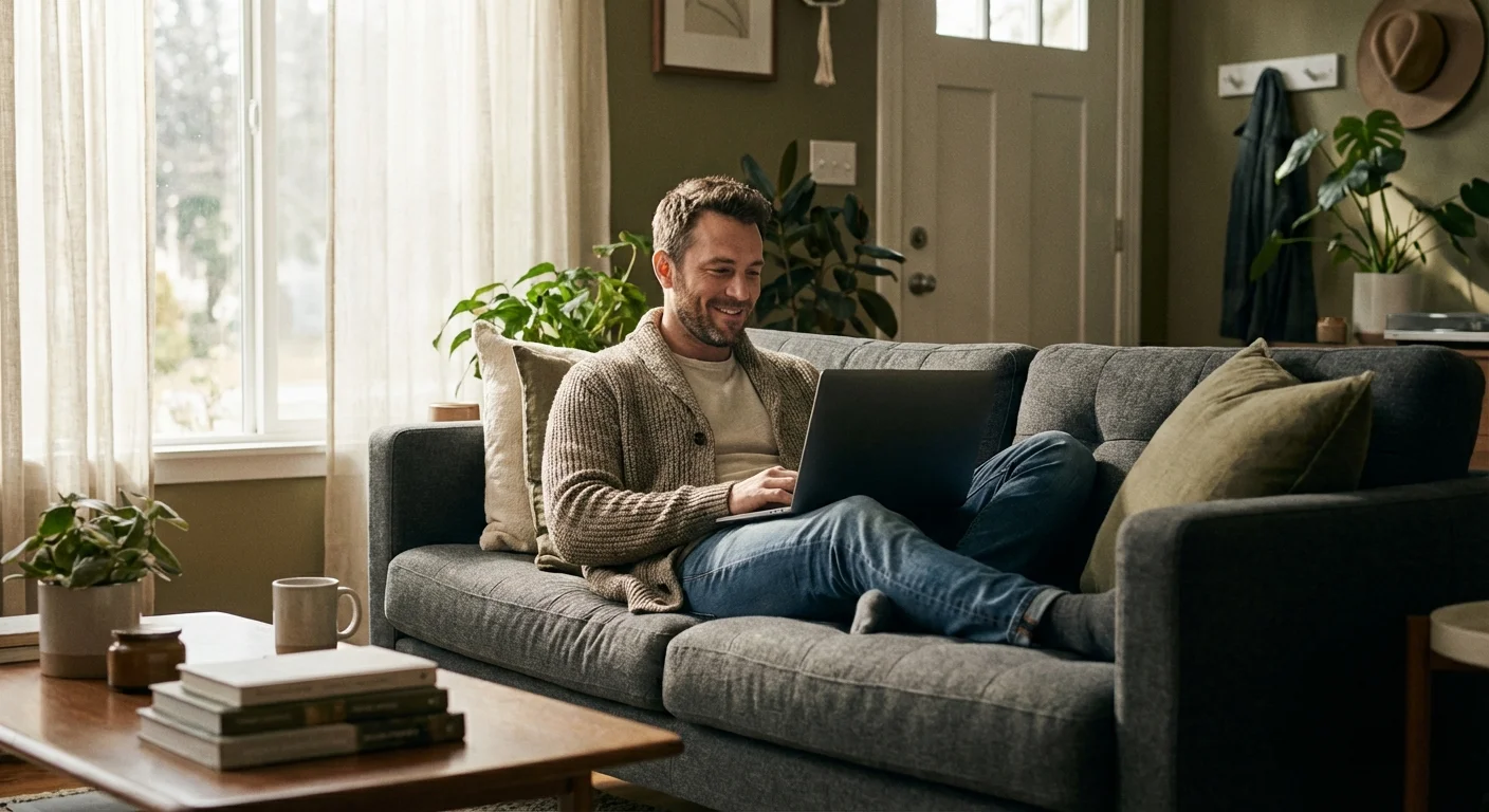 A man smiling while looking at his laptop in a bright living room.