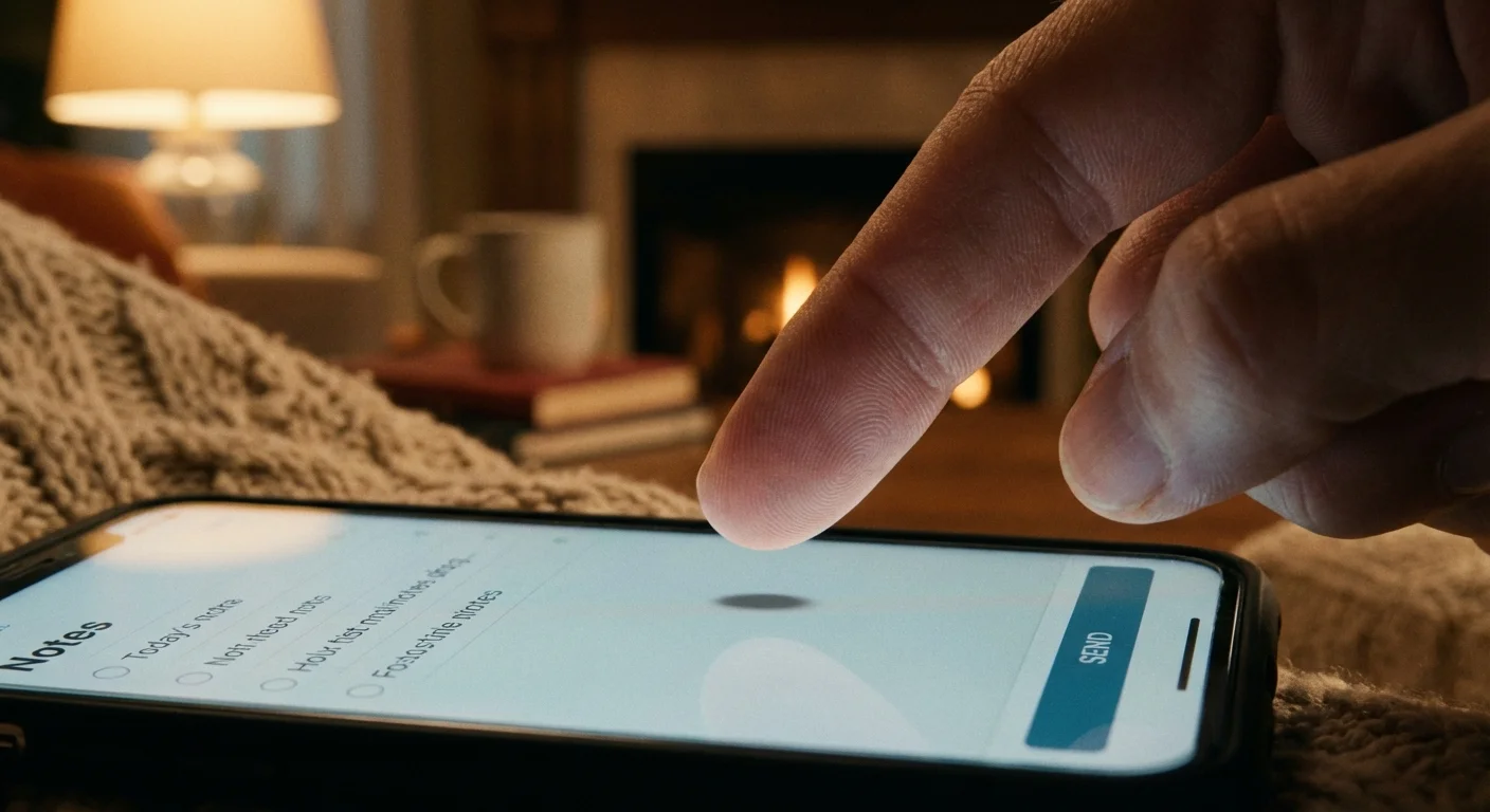 A man smiling while looking at his smartphone in a bright kitchen.