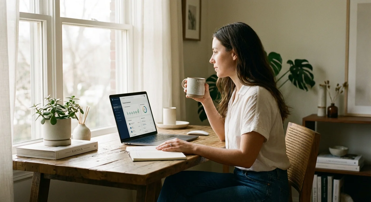 A man using a mobile banking app on a sofa in a bright, airy living room.