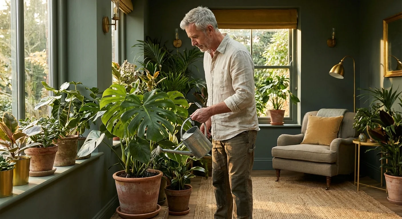 A man watering vibrant indoor plants in a sunlit room.