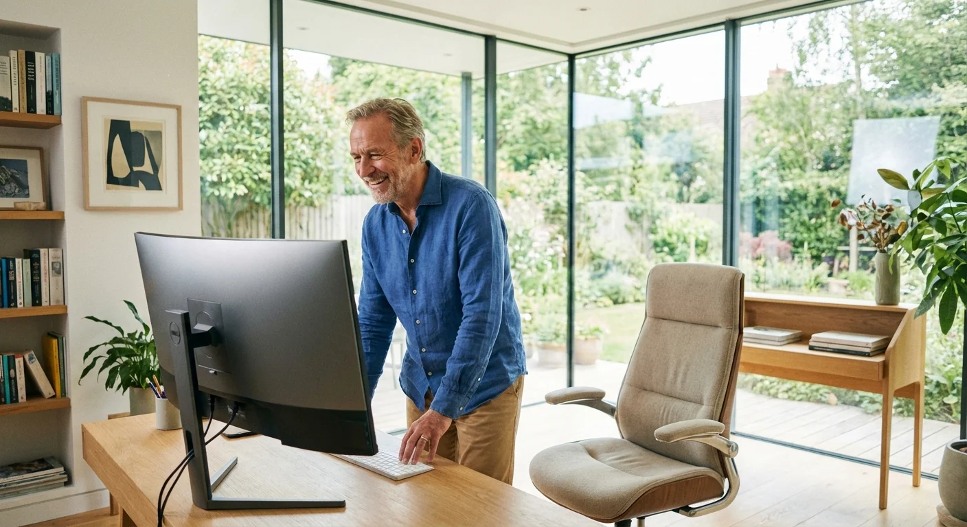 A man working in a bright, modern home office.