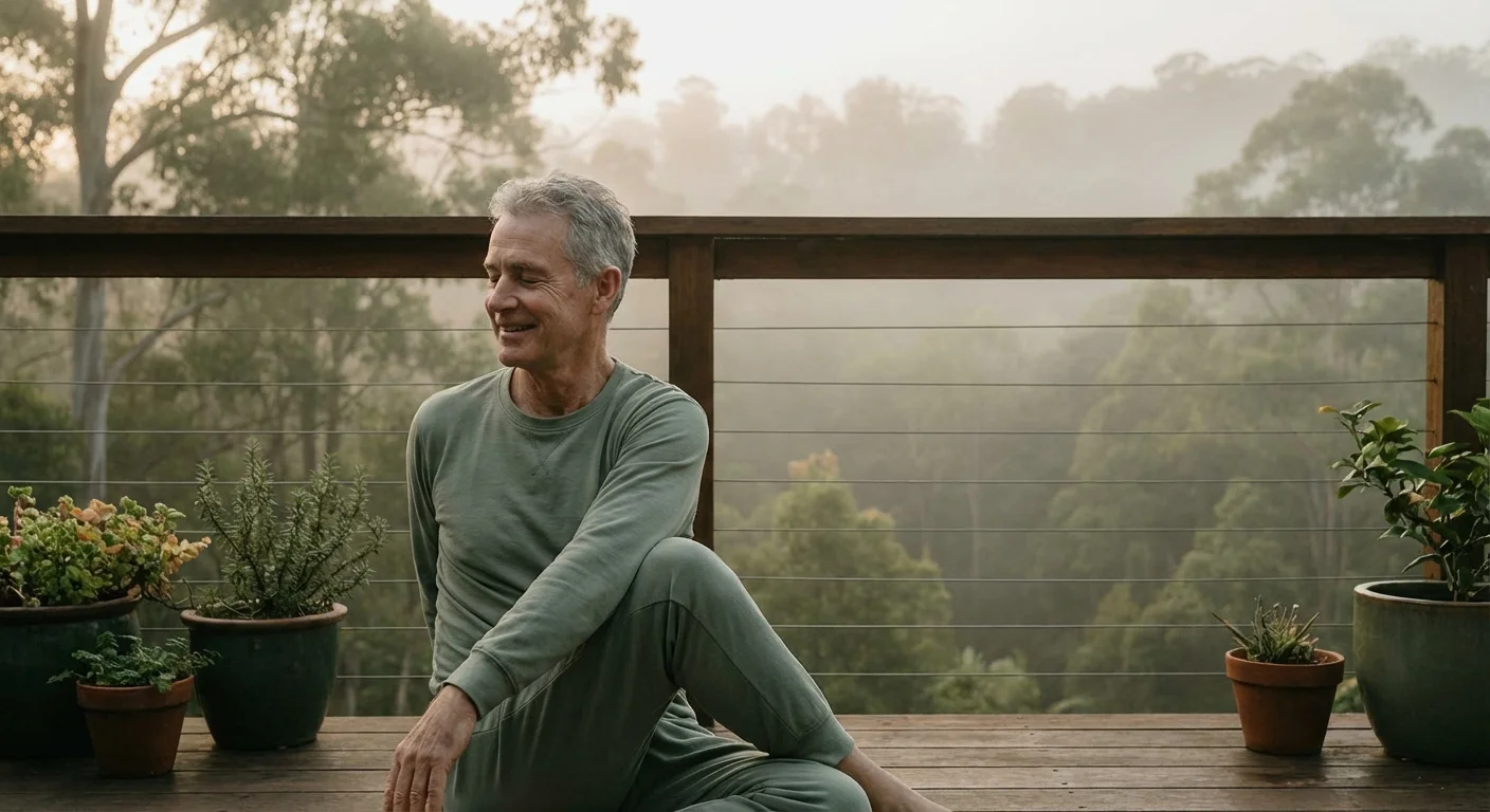A mature man doing yoga on a deck overlooking a forest.
