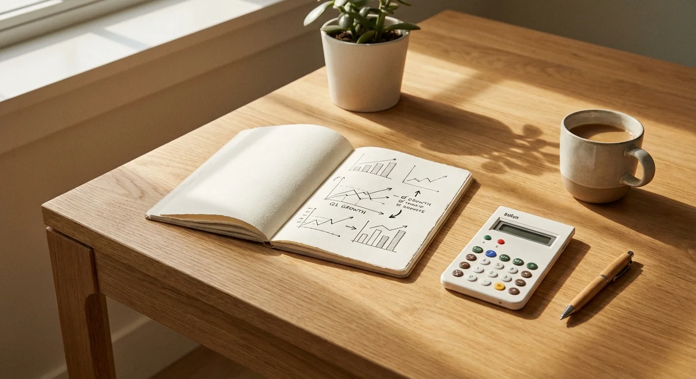 A minimalist desk setup with a notebook and calculator, symbolizing financial planning and the math of FIRE.