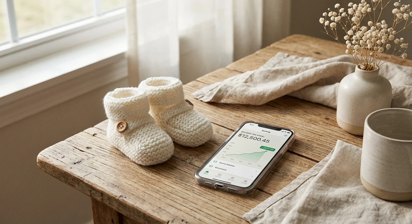 A pair of baby booties next to a smartphone showing a savings account balance on a wooden table.