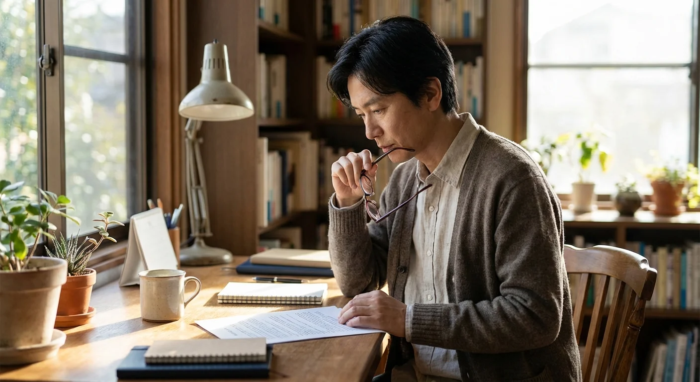 A person carefully reviewing a financial document in a well-lit study.