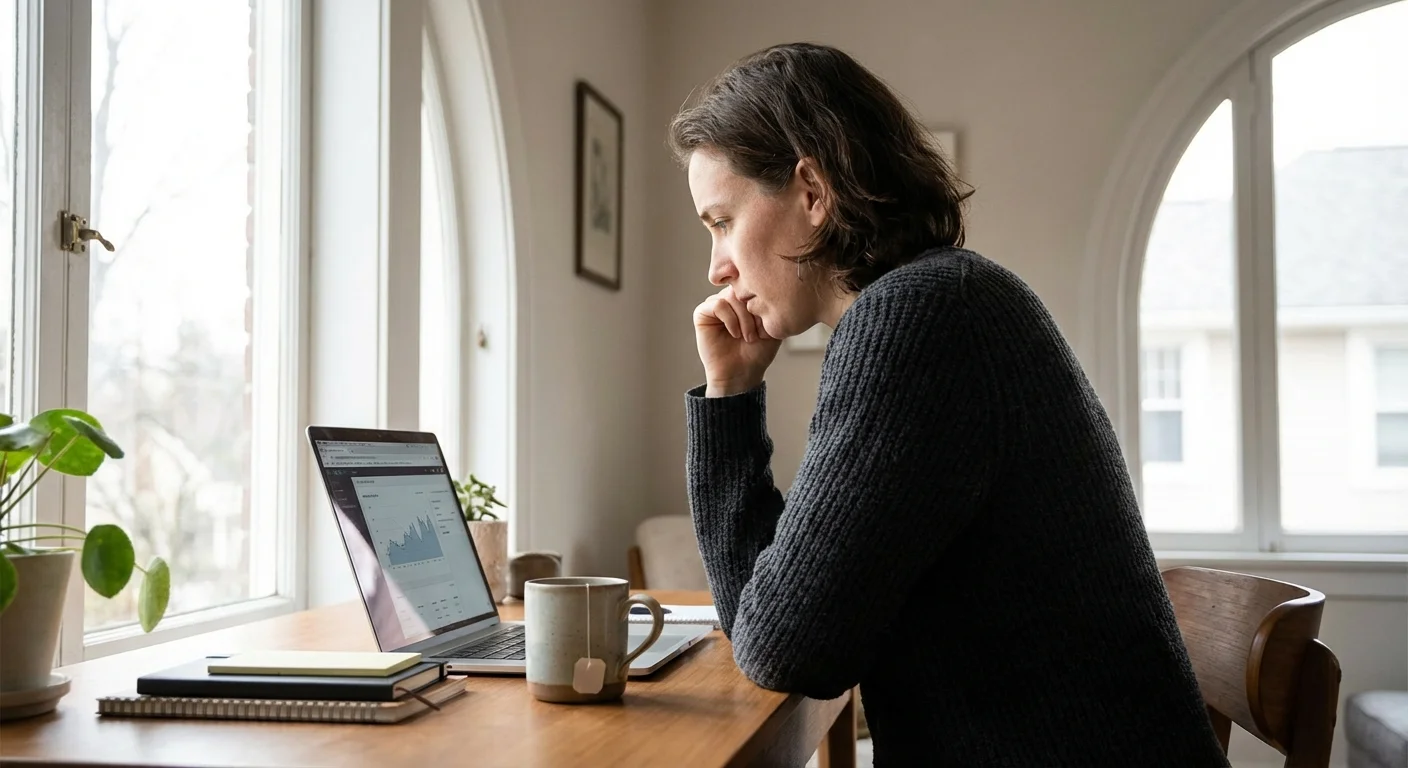 A person carefully reviewing financial details on a laptop in a calm home office.