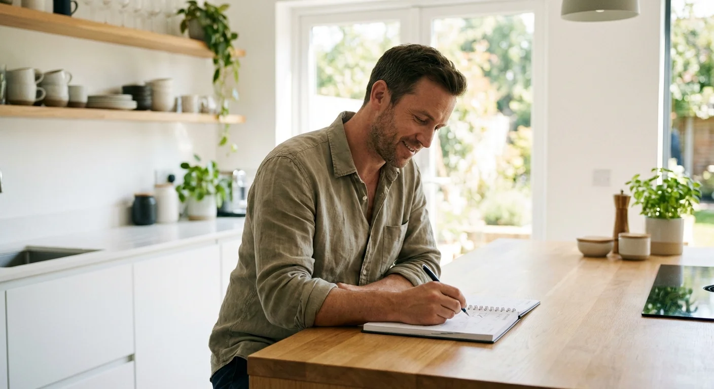 A person checking a digital calendar on a tablet in a modern kitchen, symbolizing short-term planning.