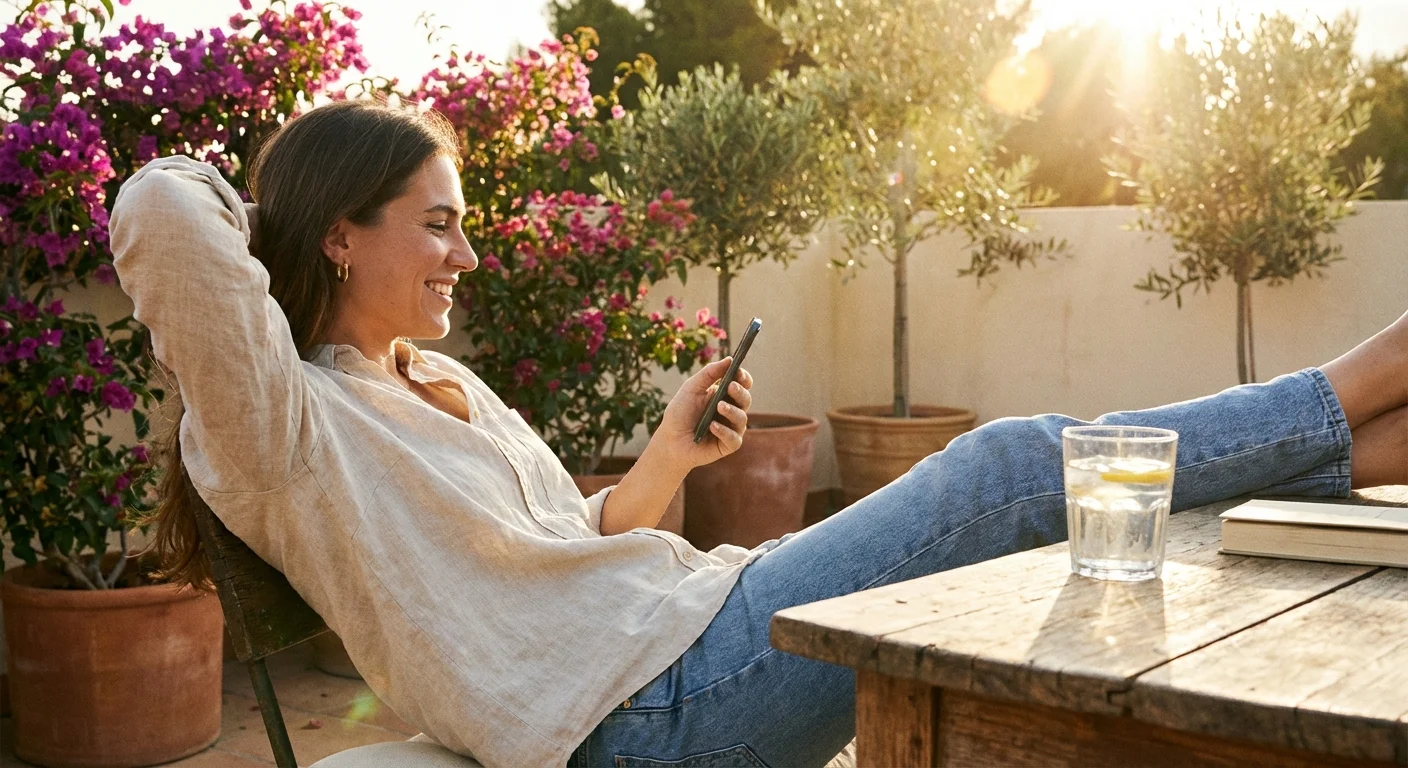 A person comfortably managing their savings on a phone while sitting outside in the sun.