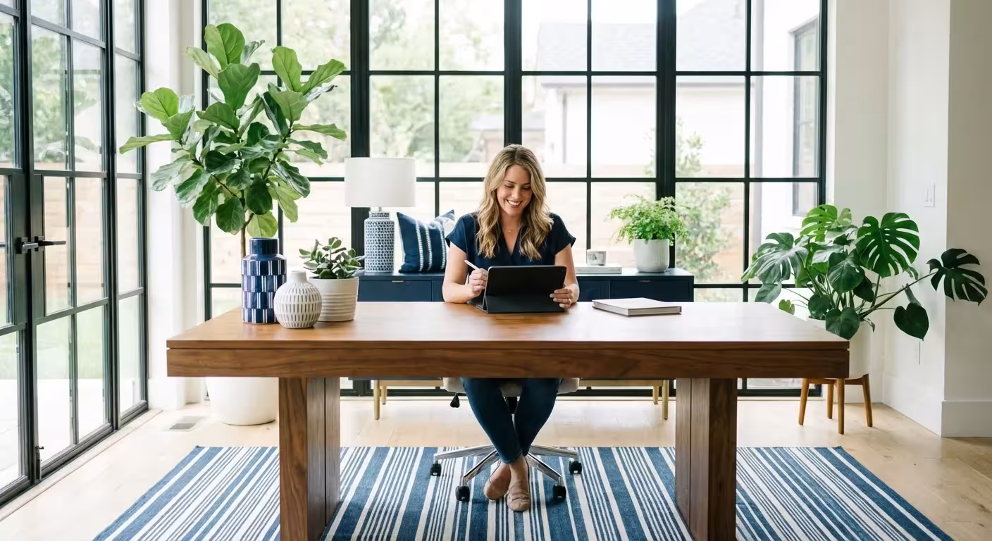 A person comparing a digital tablet and a physical folder in a modern, bright space.