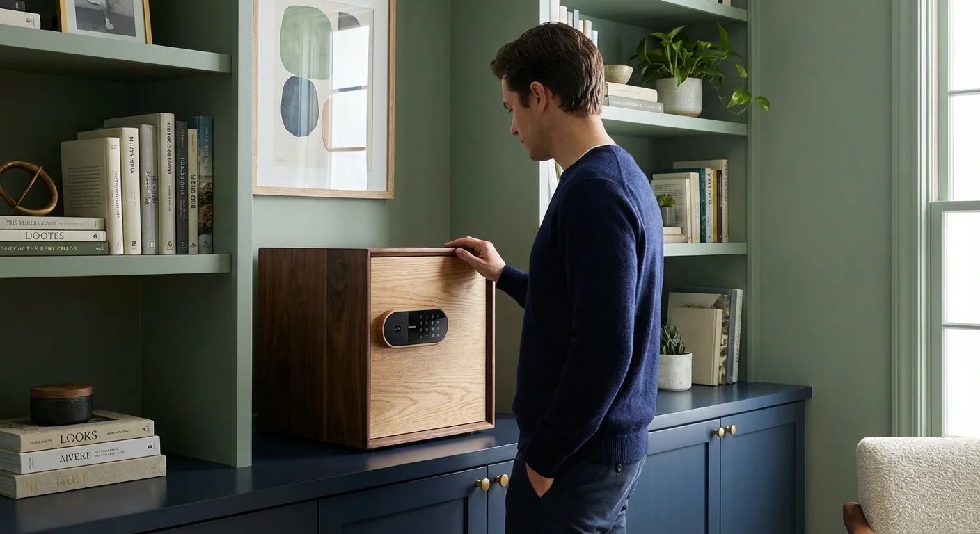 A person looking at a stylish wooden box in a modern home office.
