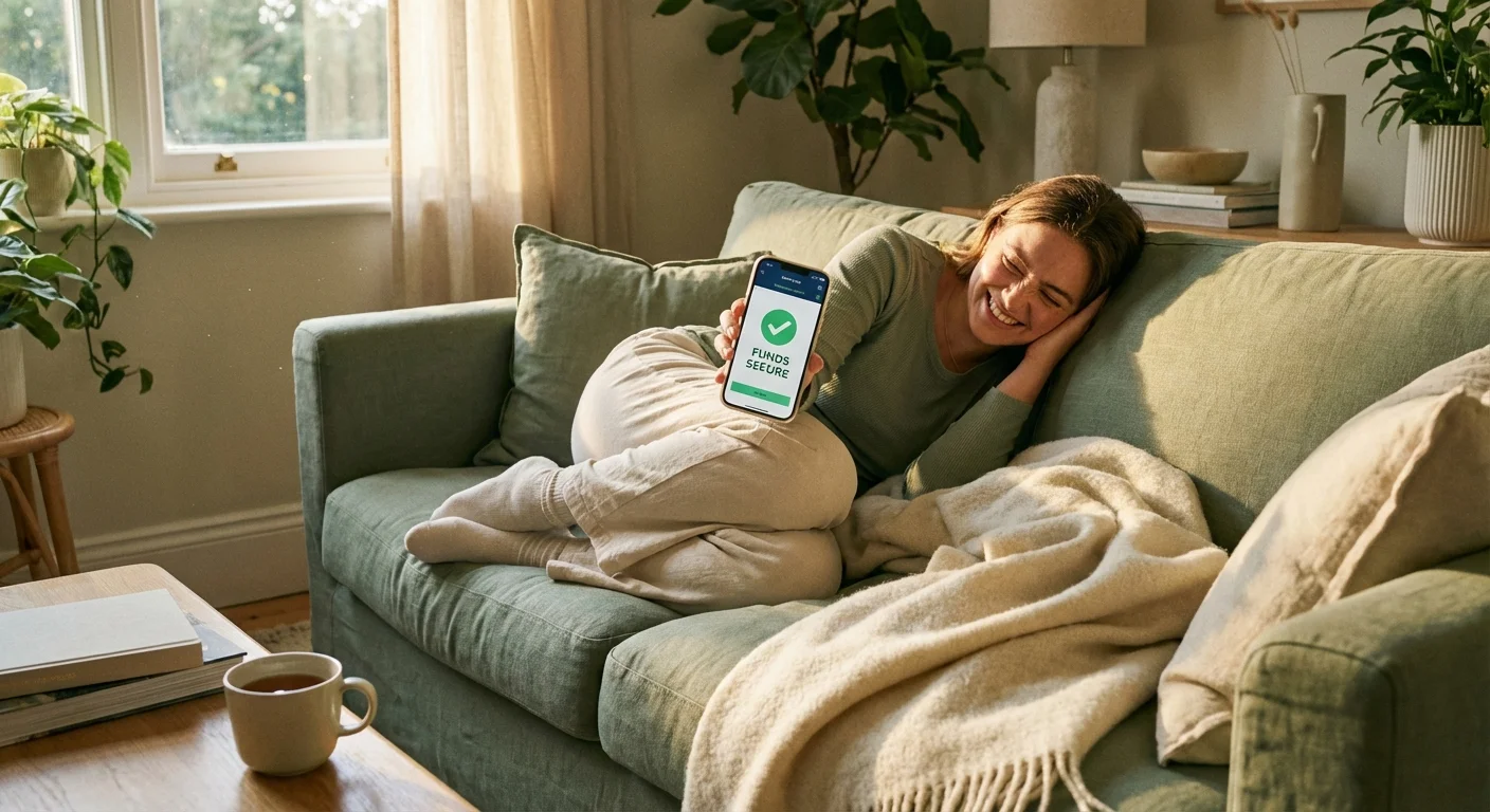 A person looking at their phone with a secure and happy expression.