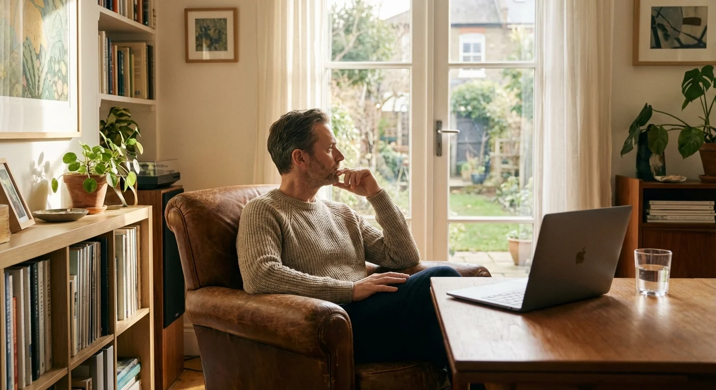 A person looking out a window in a bright, peaceful home office.