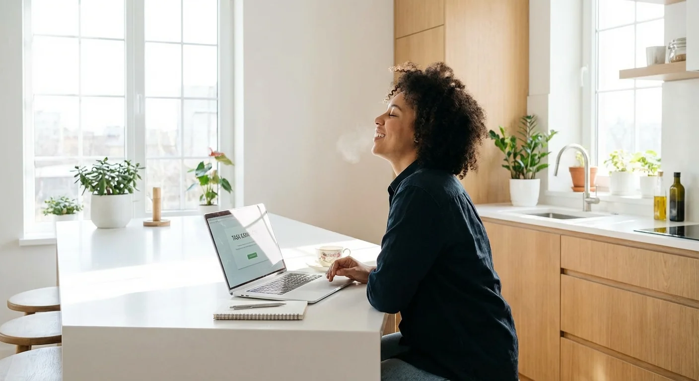 A person looking relieved while using a laptop in a bright kitchen, symbolizing the weight of debt being lifted.